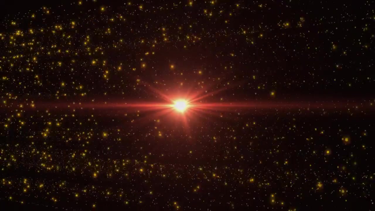 Destello de estrella brillante emitiendo estelas a través del vacío, dispersando partículas y una nebulosa roja brillante