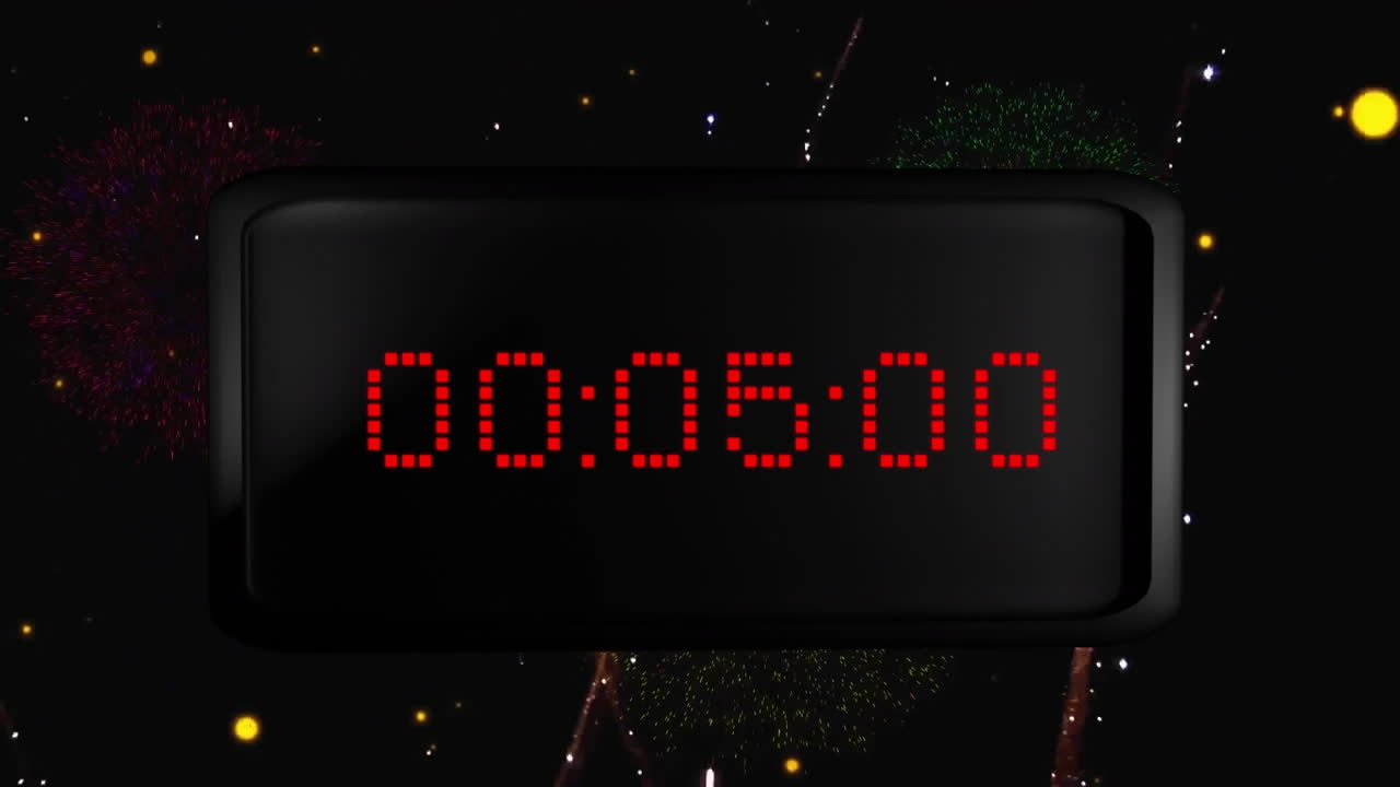 Animation of digital clock counting down to midnight with fireworks on black background