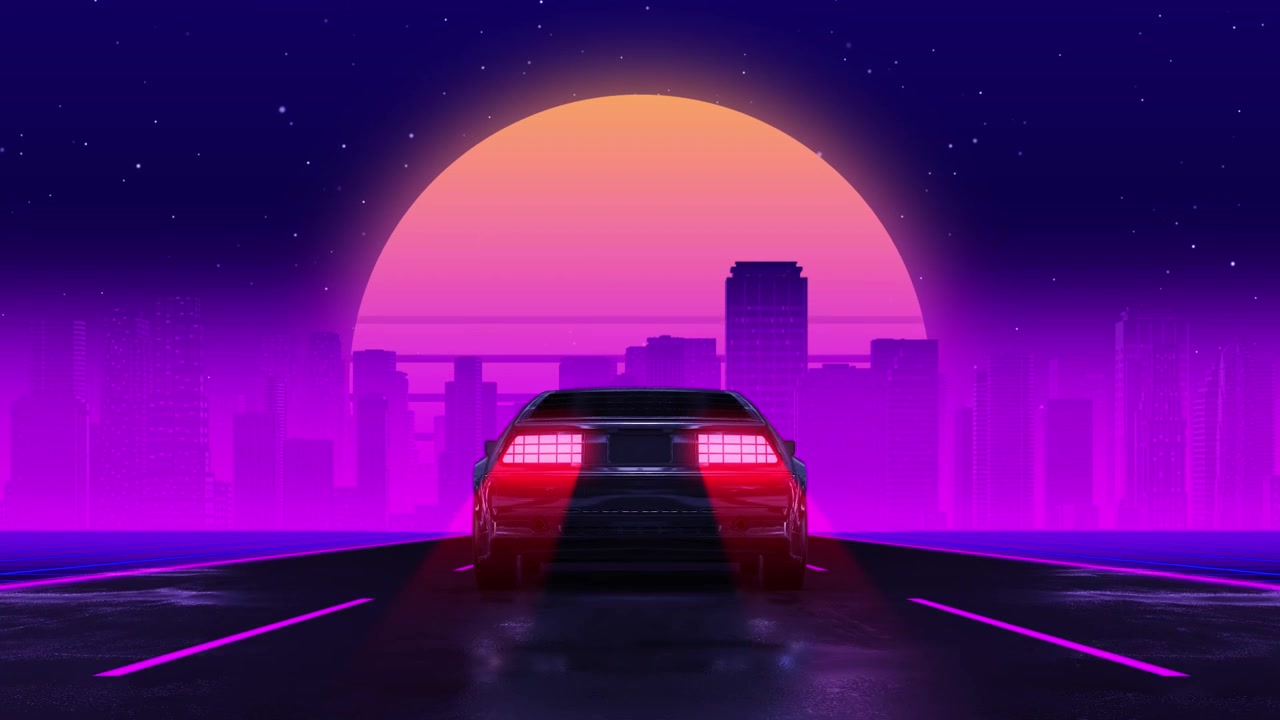 Auto retrò synthwave su strada al neon con skyline della città e tramonto