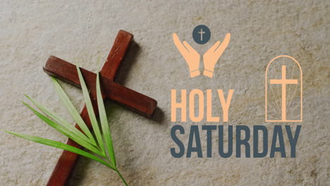 animation of holy saturday text over cross and palm on grey background