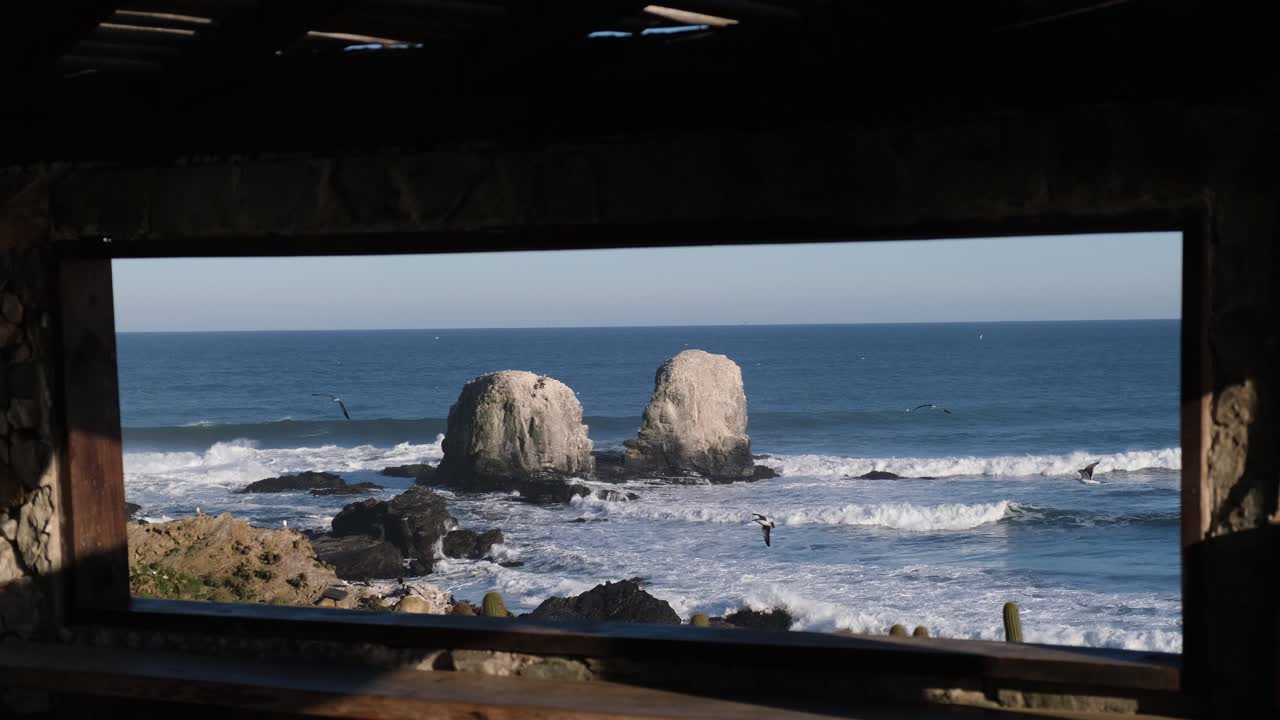 mirador de punta de lobos como mirar a través de una ventana o un marco hacia la ola y surfear en chile pichilemu con vista a los pájaros y gaviotas y el aviario