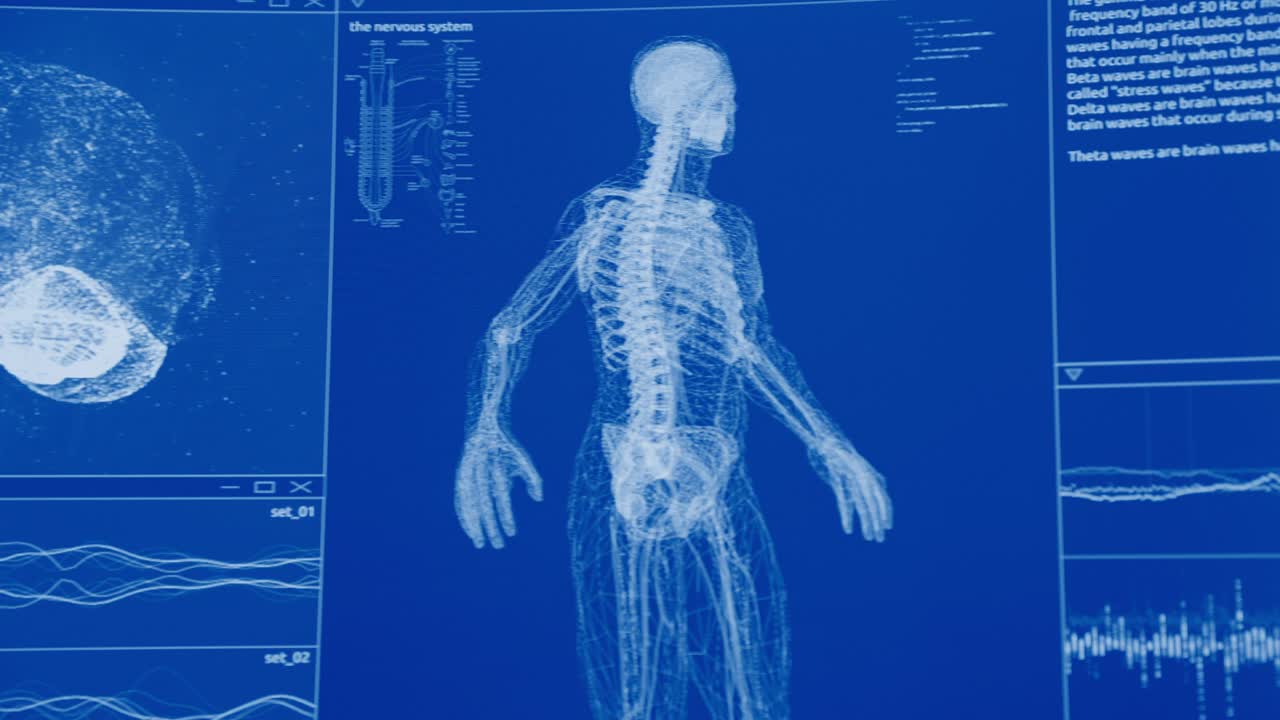 человеческий скелет, мозг и модели коронавируса на экране компьютера. в поисках повреждений. футуристические лабораторные исследования