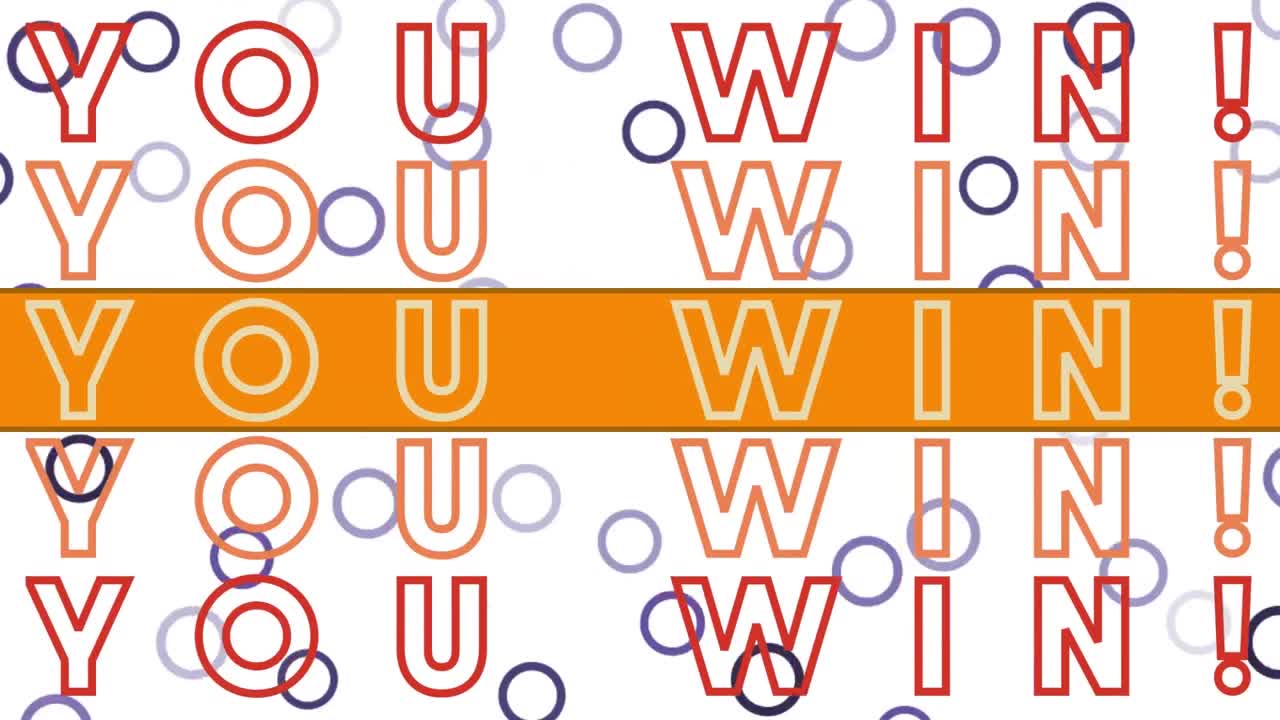 Animazione del testo 'you win' su grafiche e forme colorate.