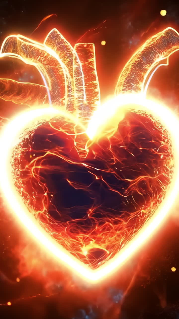 A heart is lit up in a dark background. The heart is surrounded by sparks and fire, giving it a fiery and intense appearance. Concept of passion and intensity, as if the heart is burning with emotion