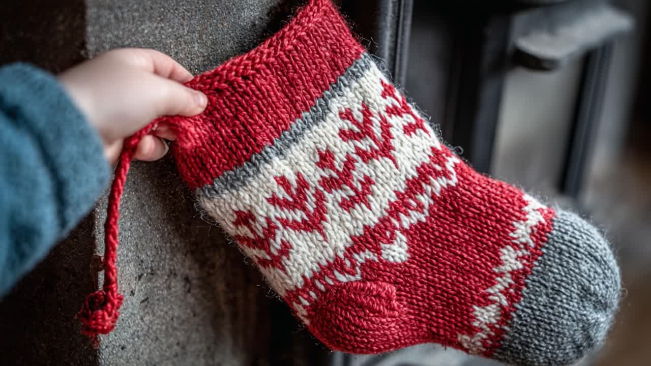 A Cozy Hand-Knitted Christmas Stocking with a Festive Pattern and a Playful Touch, Perfectly Hanging by the Hearth for Holiday Cheer