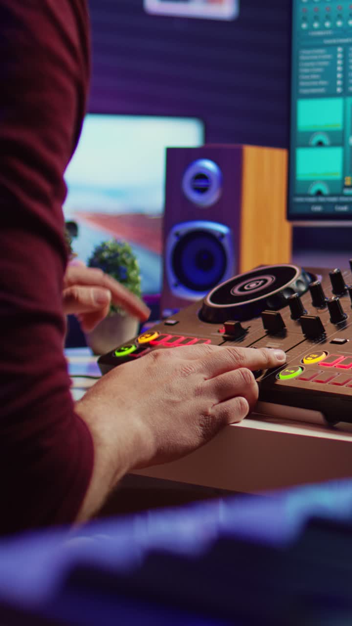 Primo piano delle mani di un DJ che mixa musica su una console in studio