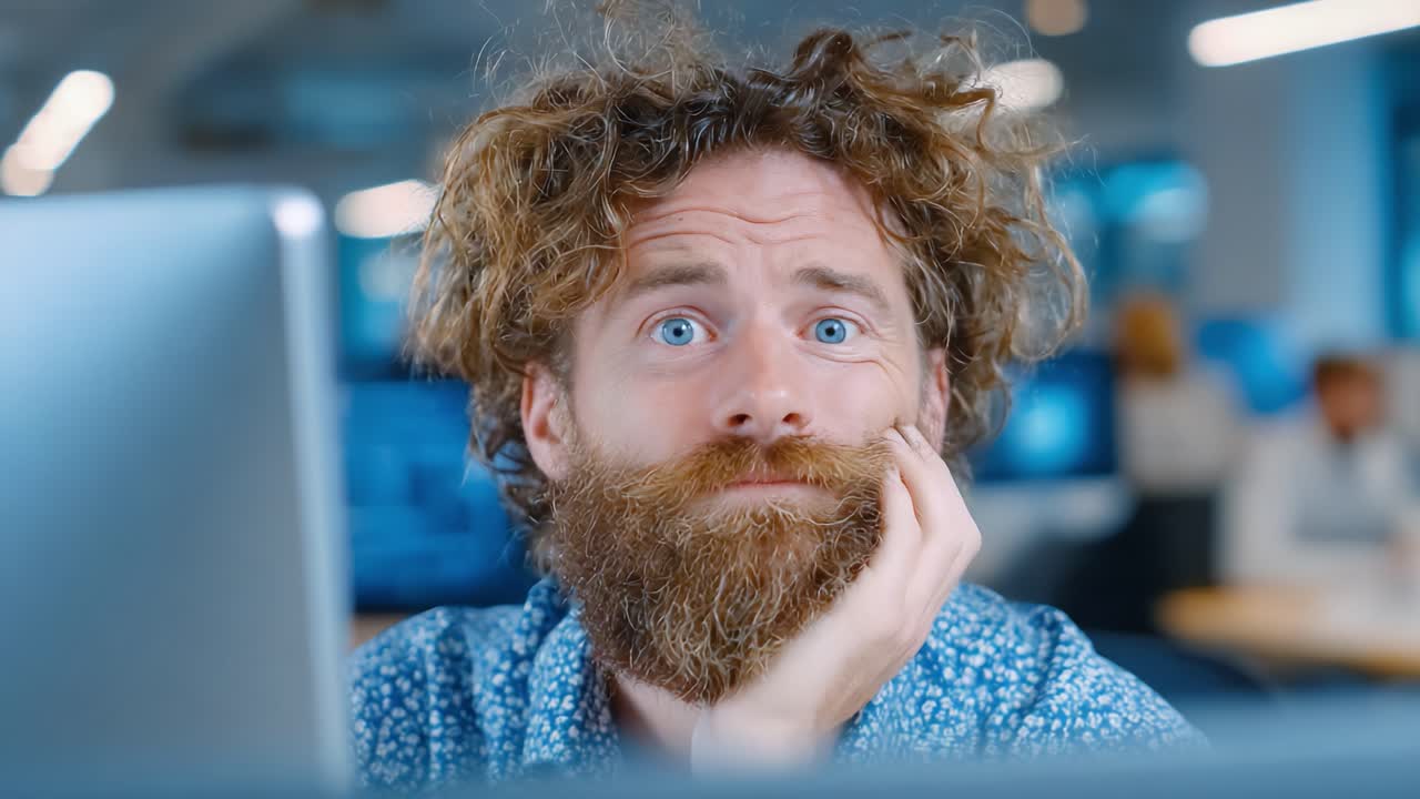 An Individual with Curly Hair and a Beard Exhibits Contemplation and Focus While Working on a Computer in a Modern Office Environment