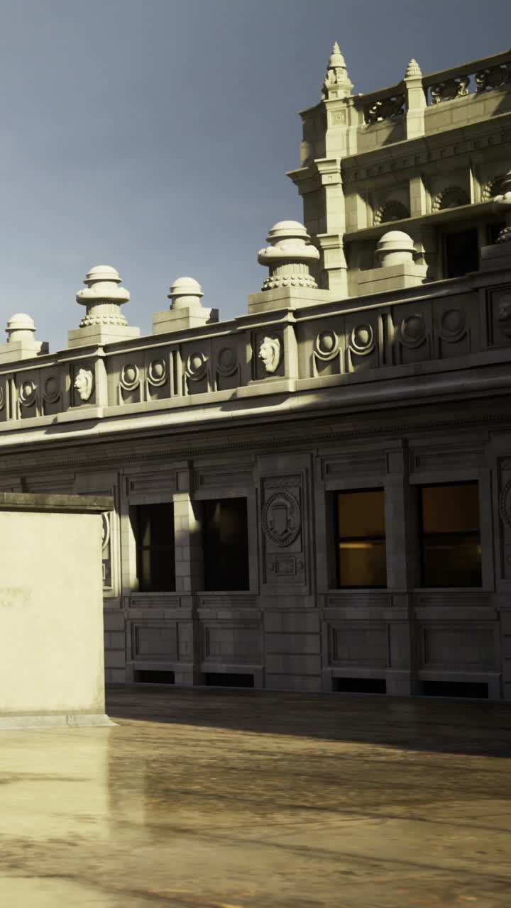 Edifício com arquitetura detalhada capturado sob a luz brilhante da tarde.
