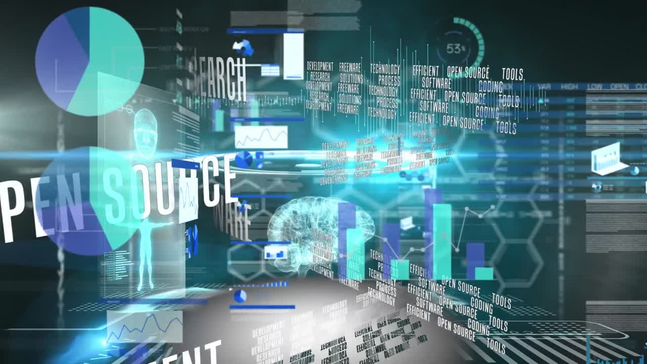 Digital animation of multiple screens with data processing against blue background