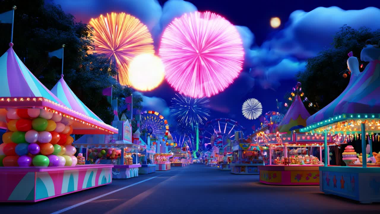 A Vibrant Carnival Scene Illuminated by Fireworks at Night, Featuring Colorful Stalls Filled with Festive Treats and Bright Decorations, Creating a Magical Atmosphere Full of Joy and Celebration
