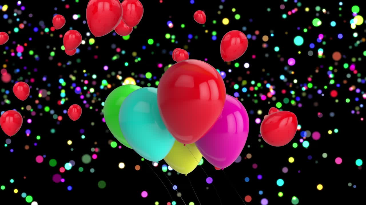 animación de globos y luces de colores volando sobre un fondo negro