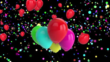 animación de globos y luces de colores volando sobre un fondo negro