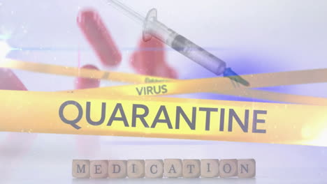 animación de jeringas y textos de cuarentena de peligro de virus sobre pastillas y formas