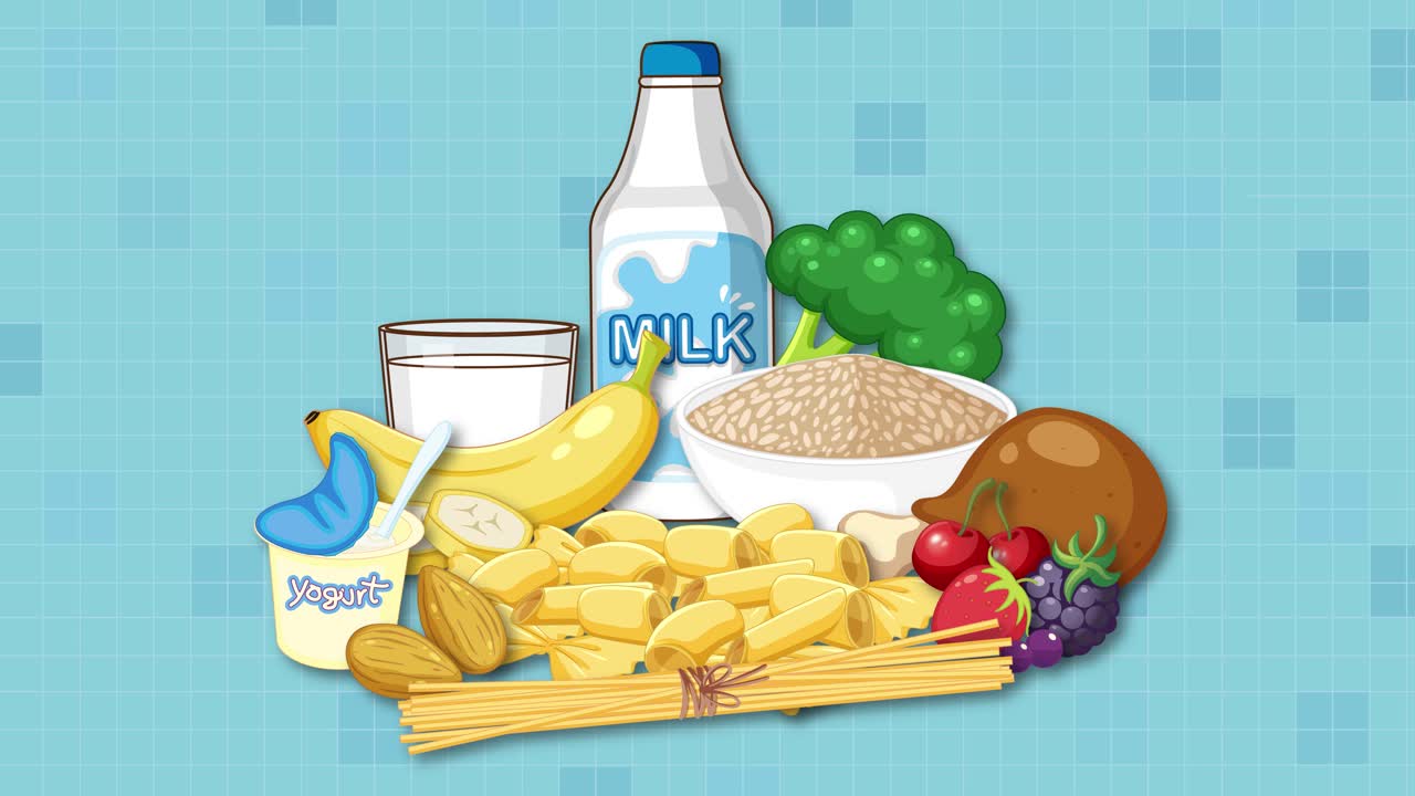 Various illustrated food items smoothly appear and arrange together, forming a balanced group on blue
