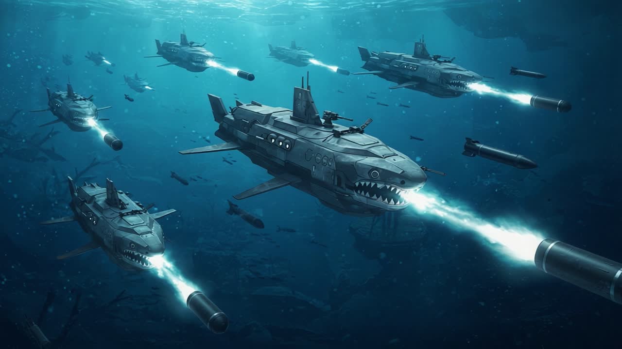 A fleet of advanced underwater warships resembling predatory creatures, unleashing missiles in an aquatic environment, showcasing a futuristic military strategy in an oceanic battleground