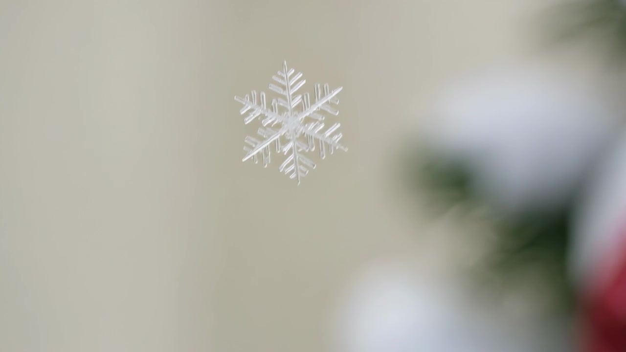 Cristal de floco de neve de seis braços entrando pelo topo, ficando mais nítido e descendo suavemente contra uma parede bege.