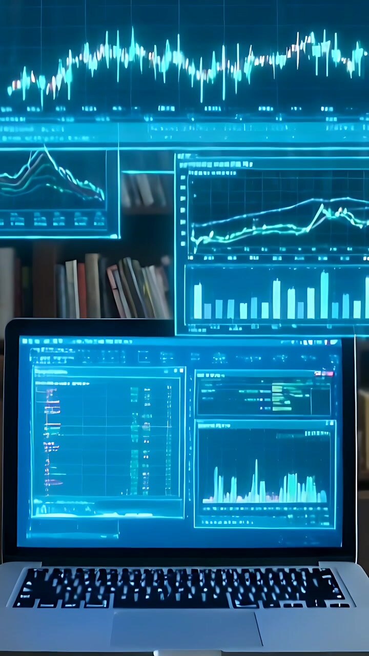 Vertical video: Projecting floating analytics panels over laptop on desk, expanding on data update