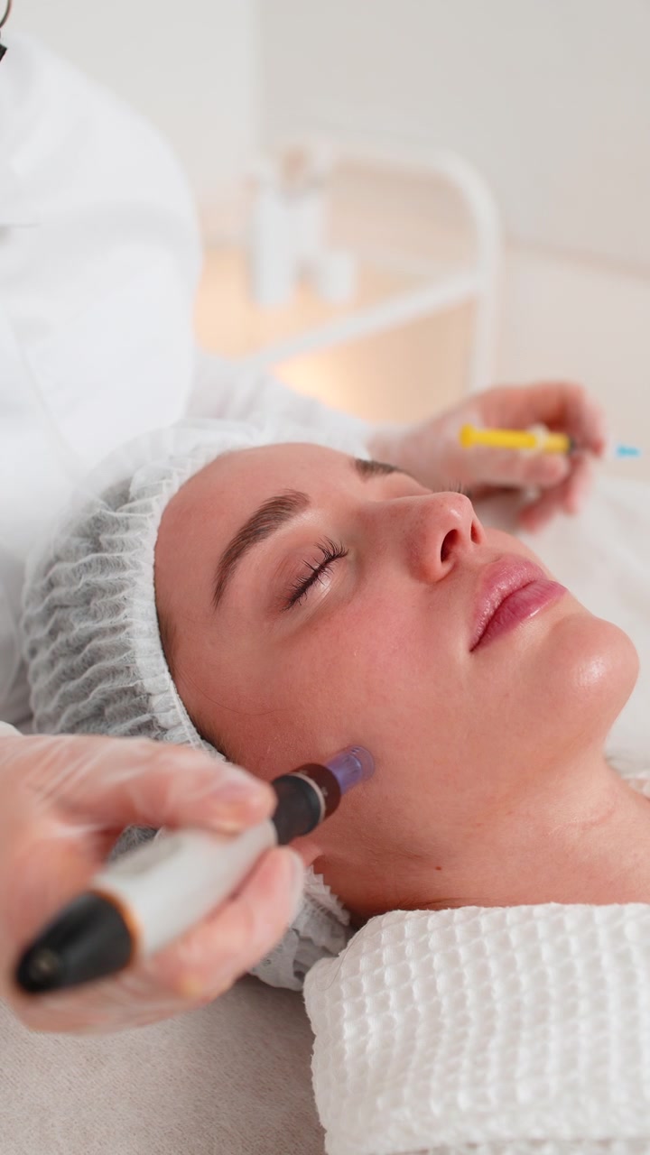 Microneedling dermapen mesoterapia per la rigenerazione del viso di una donna da parte di un cosmetologo in una beauty clinic spa