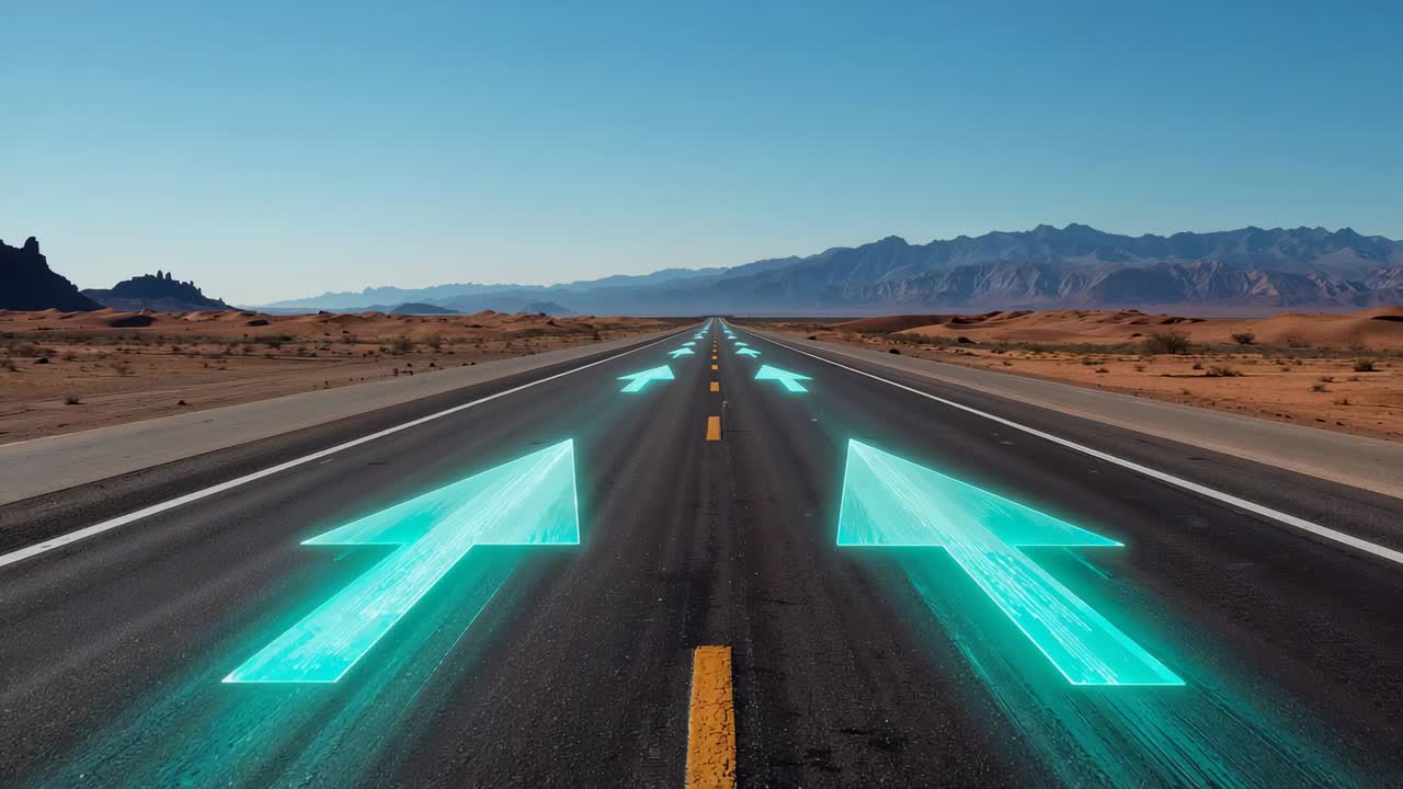 Startanimatie, turquoise pijlen die pulseren langs een tweebaansweg in de woestijn en naar de bergen leiden