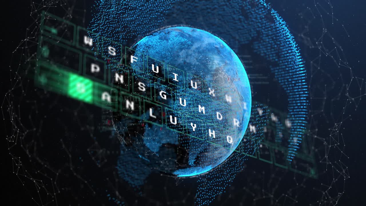 Animation of data processing and digital globe over globe