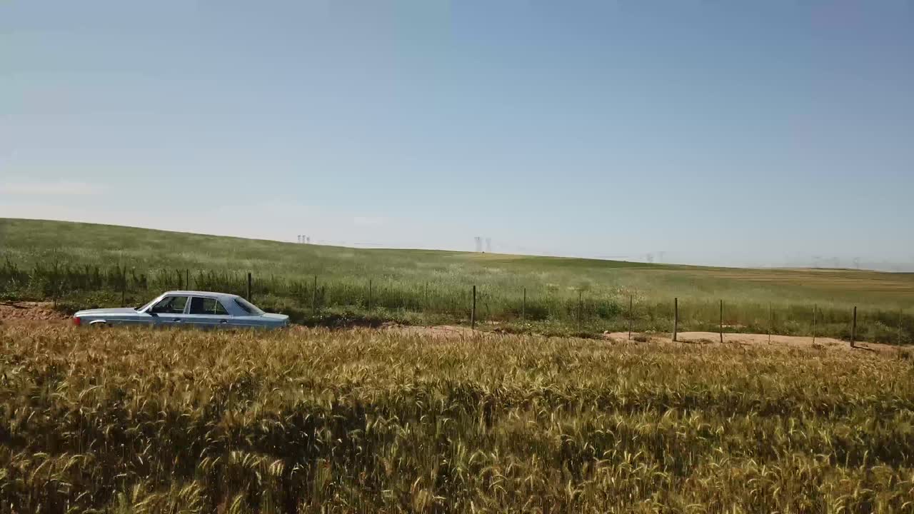 농지에서 운전하는 파란 차를 향해 날아가는 드론 샷