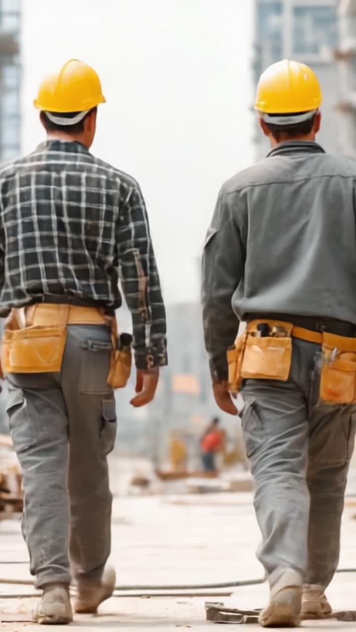 Two Construction Workers Walking on Site, Equipped with Tools and Safety Gear, Showcasing Teamwork and Dedication in Their Craft at a Building Project