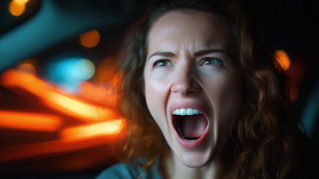 Intense Emotional Reaction: A Woman Expressing Fear and Frustration in a Dimly Lit Vehicle as Bright Lights Flash Outside During a Night Drive.