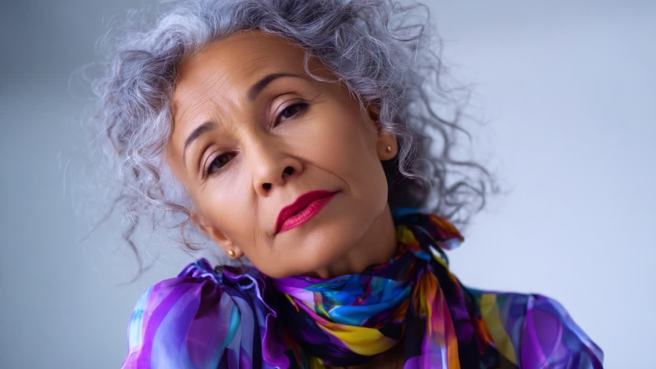 Elegante ritratto di una donna matura con capelli grigi ricci e sciarpa colorata, che cattura grazia e bellezza su uno sfondo neutro delicato