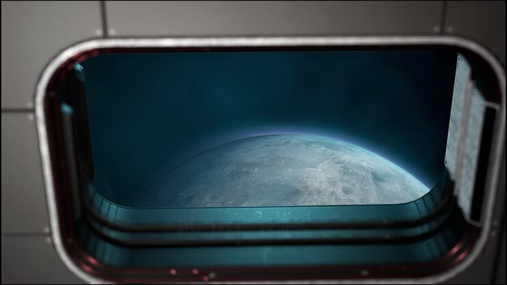 View Of Window From Spaceship With Moon