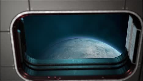 view of window from spaceship with moon