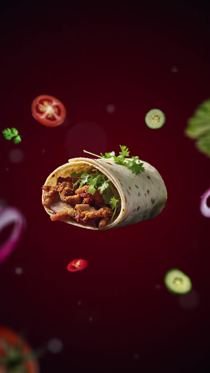 Sprød flæskestegsgyros/doner med agurk og tomater - Animationsintro til markedsføring af restauranter med ingredienserne omkring det (rød baggrund) - vertikal video til prisskilt eller salg