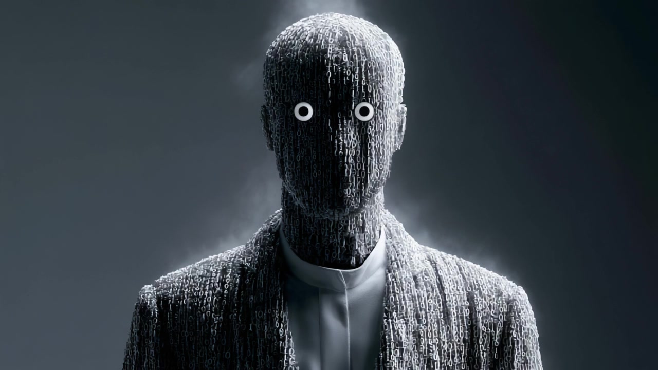 Una fascinante transformación visual de una figura humanoide representada a través de intrincadas texturas digitales, enfatizando una presencia etérea y una mirada de otro mundo en un entorno minimalista.