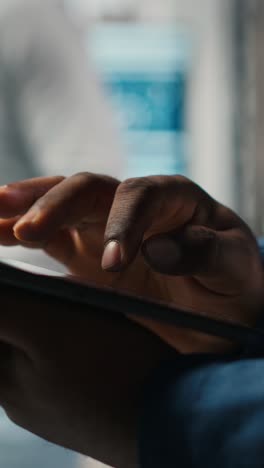 vertical video close up of man reviews performance metrics insights on tablet