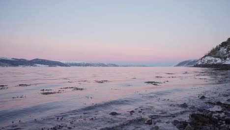 dirt floating at the beach surrounded with snowy mountain in indre fosen, trondelag, norway at dusk