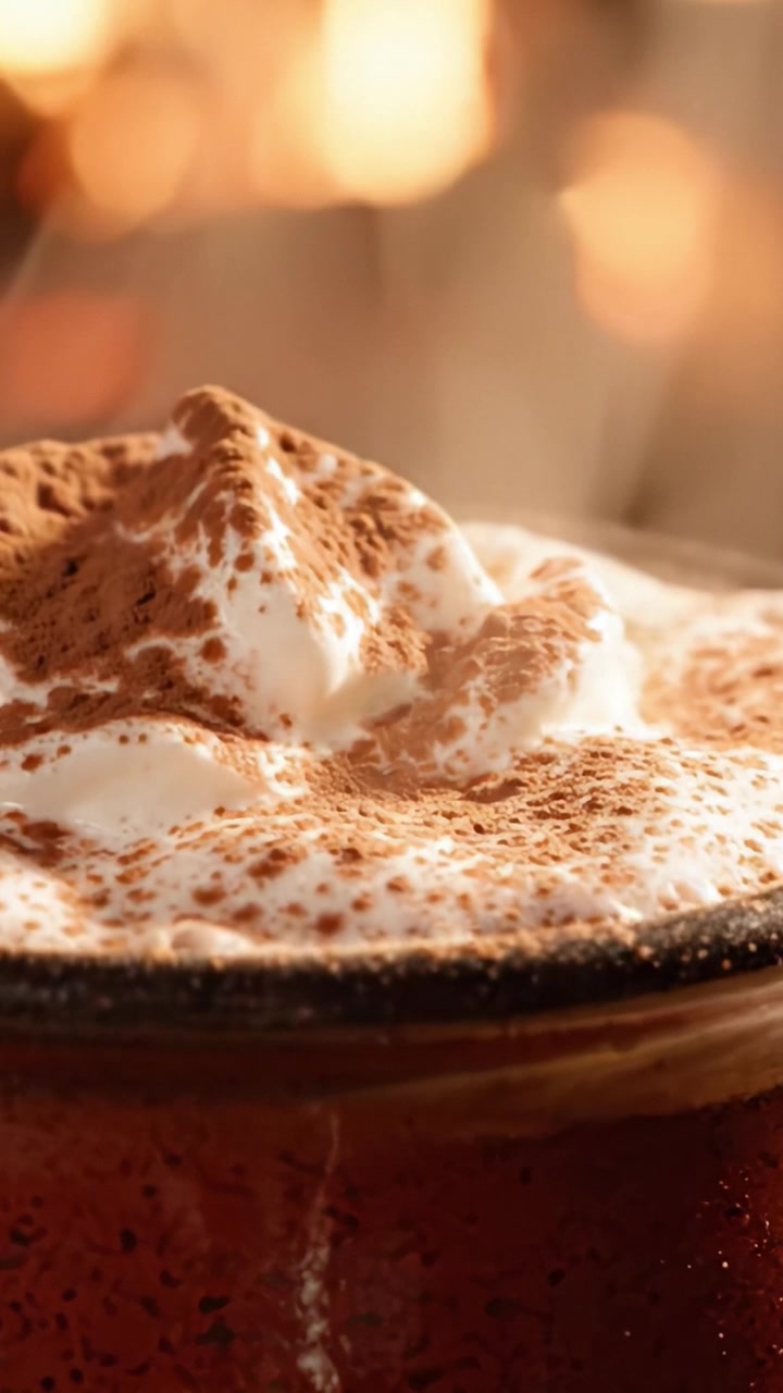 Delizia indulgente di cioccolata calda: una vista ravvicinata di una cremosa bevanda al cioccolato guarnita con panna montata e polvere di cacao, ambientata su uno sfondo accogliente illuminato dal fuoco