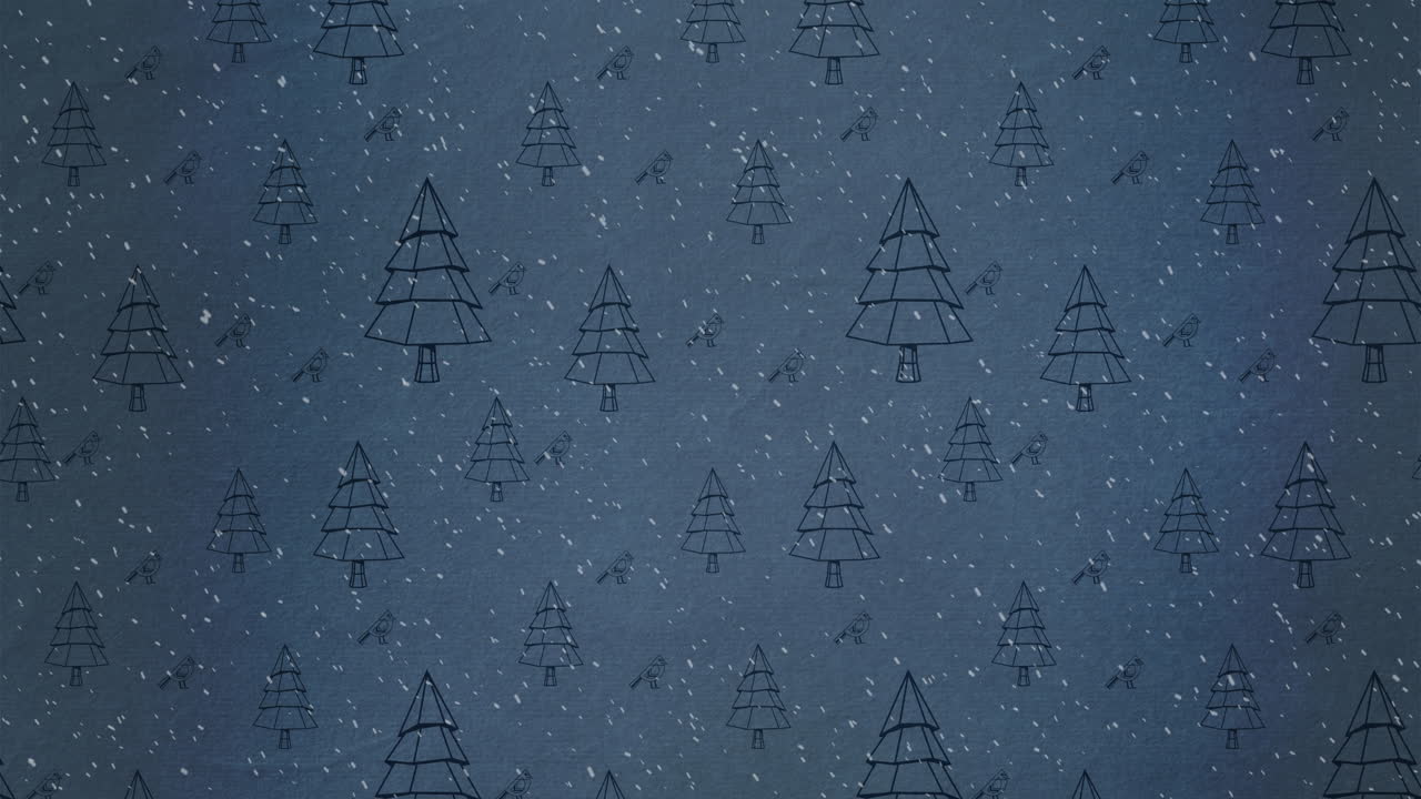 Animation of snow falling against christmas tree pattern on blue