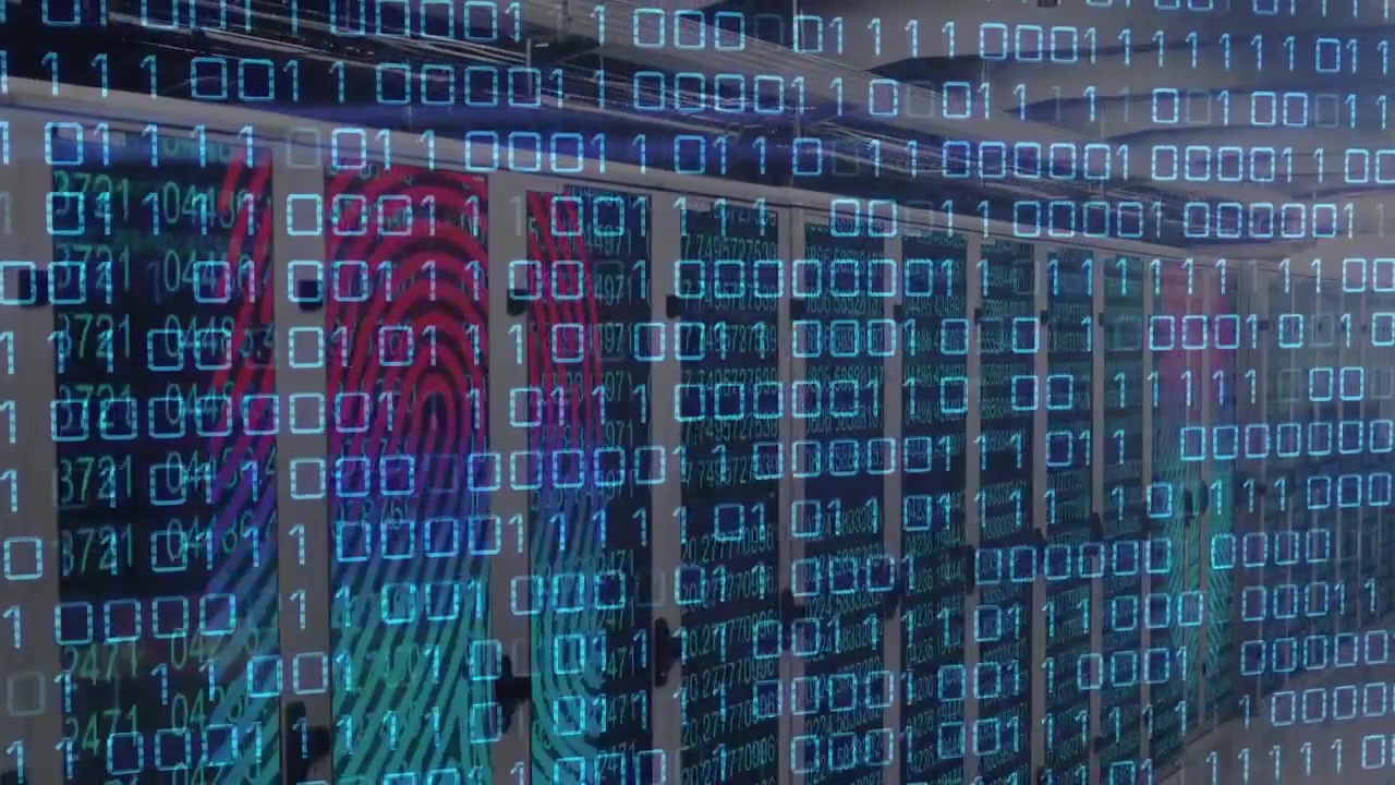 Camera sliding right forward, binary overlay scrolling across data center racks showing data flow