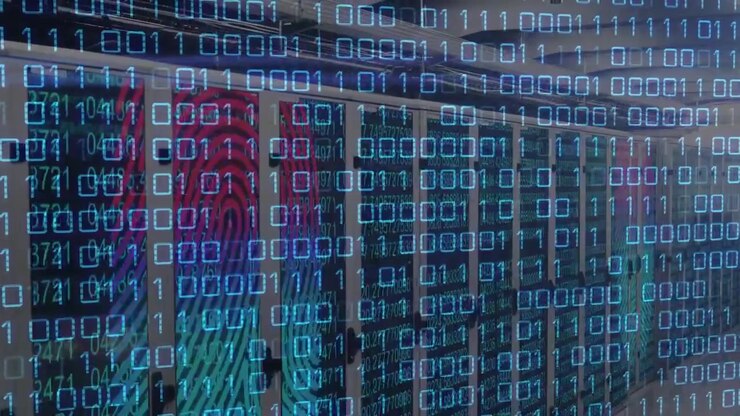 Camera sliding right forward, binary overlay scrolling across data center racks showing data flow