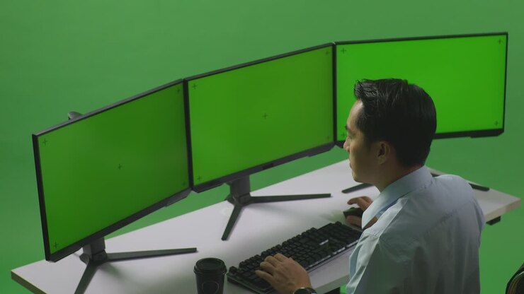 Side View Of Asian Man Thinking About Something While Working With Mock Up Multiple Computer Monitor In Green Screen Studio