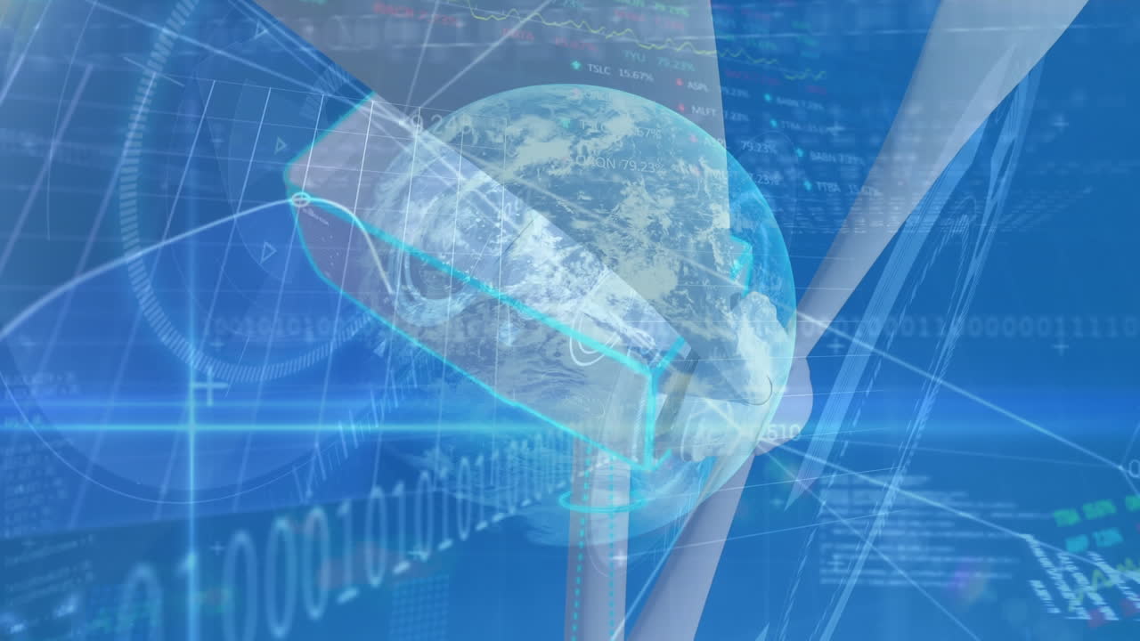 바이너리 코딩, 데이터 처리 및 풍력 터빈 위의 지구의 애니메이션