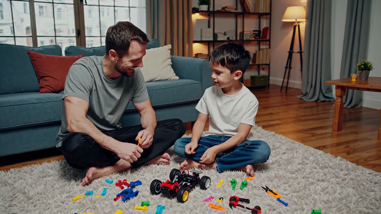 Father and Son Building a Toy Car Together