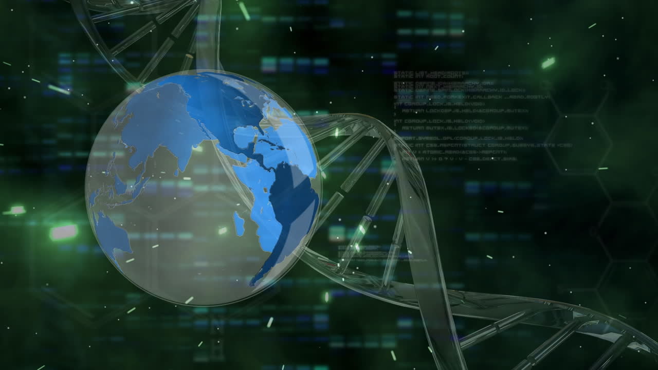 Animation of globe over dna strand and data processing
