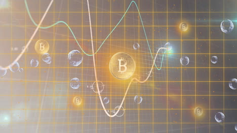 múltiples burbujas flotantes y gráficos que se mueven sobre la red de rejilla contra el símbolo de bitcoin en el espacio