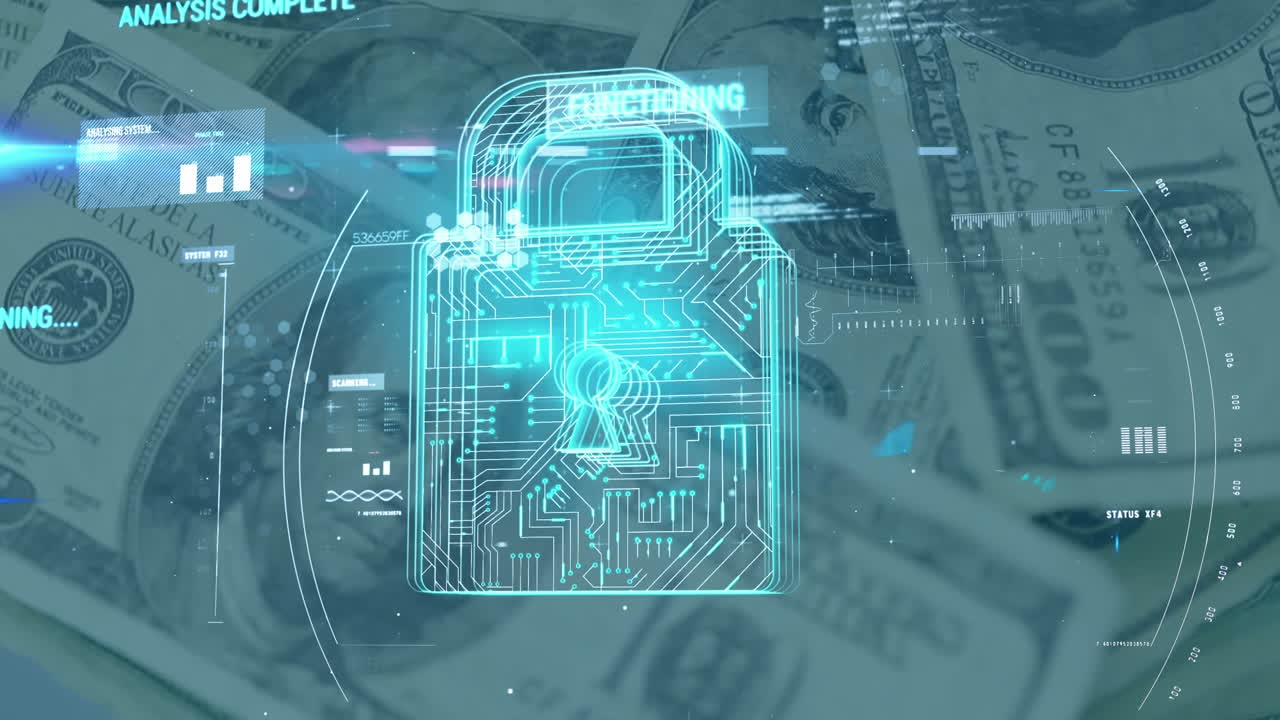 escaneo de alcance icono de candado de seguridad contra dólares estadounidenses girando