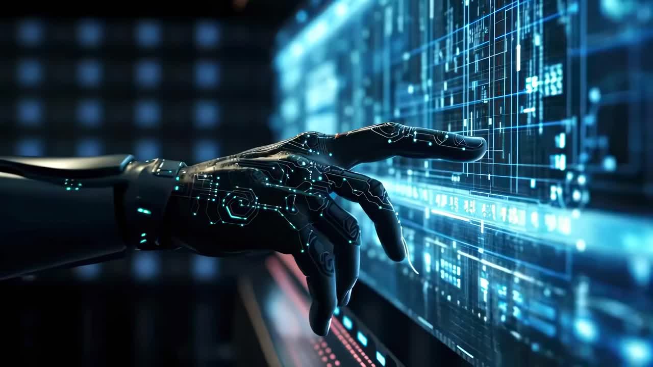 Futuristic video concept with a close-up angle of a robotic hand interacting with digital screens