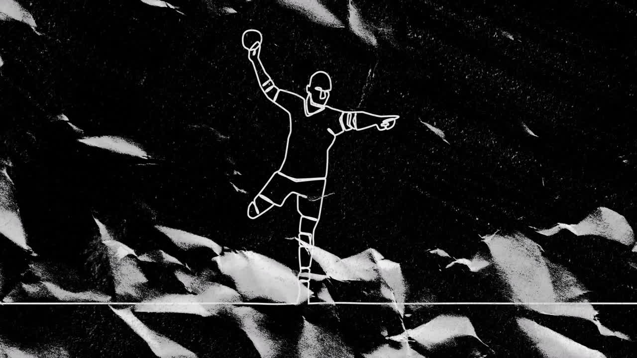 Handball player celebrating goal animation over abstract black and white background