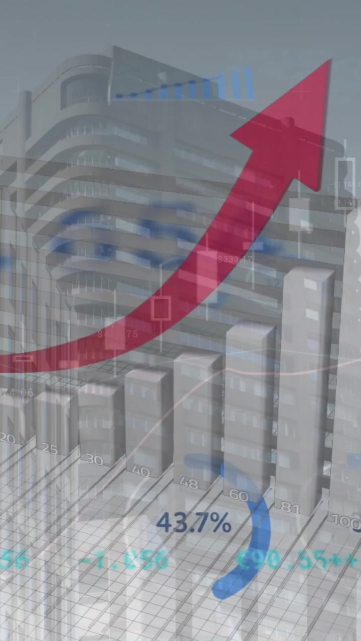 Animación de procesamiento de datos estadísticos sobre rascacielos de fondo