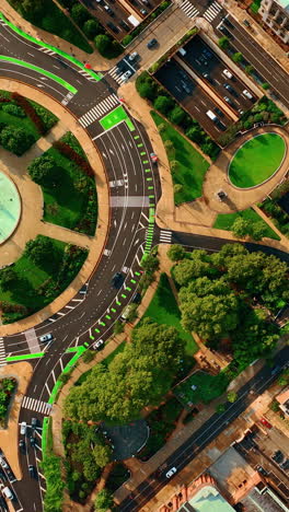 multiple cars go by the roads and roundabouts from top view. beautiful panorama of philadelphia with lots of greenery. vertical video