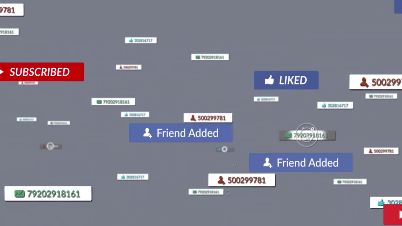 회색 배경 위에 떨어지는 소셜 미디어 아이콘의 애니메이션