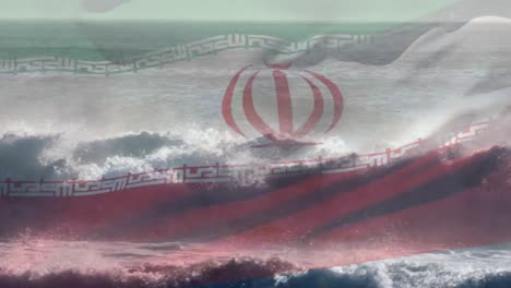 digital composition of waving iran flag against waves in the sea